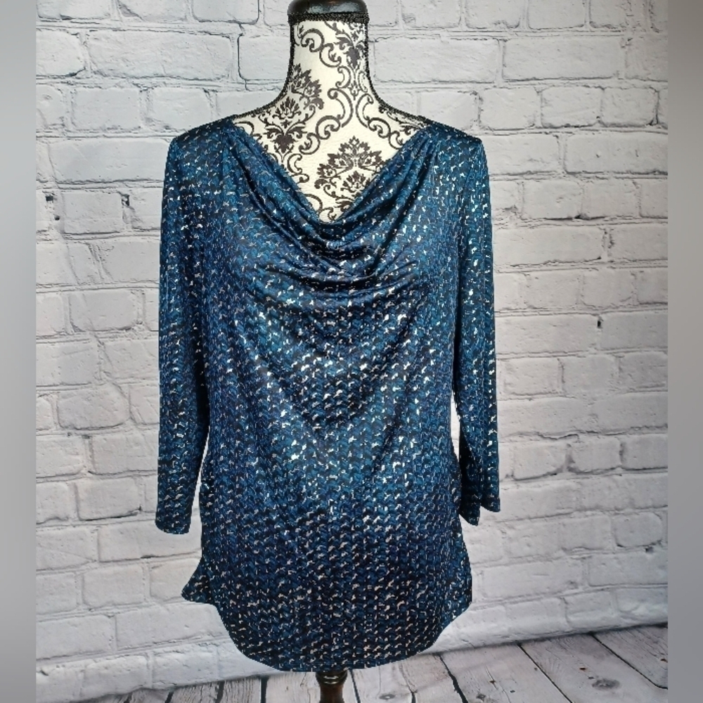 Dana Buchman women's stretch knit geometric print cowl neck size large top b22